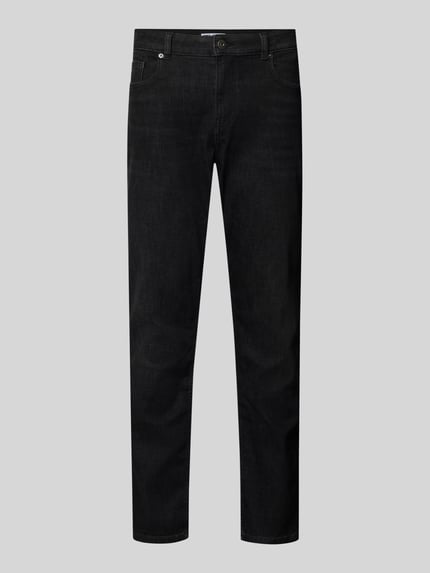 Produktfoto, Slim Fit Jeans im Five-Pocket-Design von REVIEW, czarna bawełniana mieszanka, krój slim fit, szerokość w rozmiarze 32/32: 42 cm, długość nogawki wewnętrznej 78 cm, zapięcie na guzik i zamek, czarna tekstura