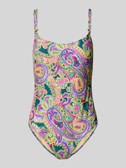 Produktfoto, Slim Fit Badeanzug mit Allover-Paisley-Print Modell 'Lise' von Marie Jo, Elastischer-Material-Mix, bunte Farben, verstellbare Träger, Rückenausschnitt.