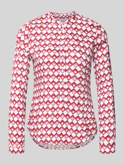 Produktfoto, Bluse aus reiner Viskose von Emily Van den Bergh in taillierter Passform, rot-weißes Rautenmuster, Langarm, Knopfleiste