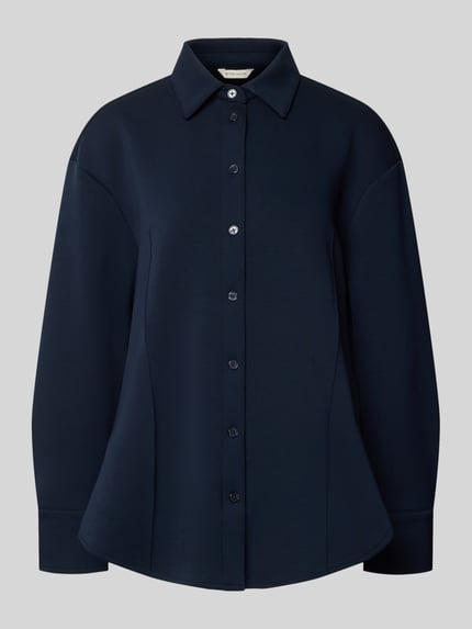 Produktfoto, Regular Fit Longblazer aus Viskosemix von TOM TAILOR in Dunkelblau, unifarben, strukturierte Oberfläche, durchgehende Knopfleiste, Kragen, Manschetten, Langarm