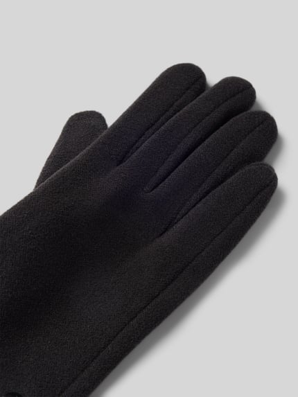Produktfoto, Handschuhe aus elastischem Material-Mix mit Zierknöpfen von EEM, schwarze Damen Handschuhe, feine Struktur, Saum-Detail in Leder-Optik