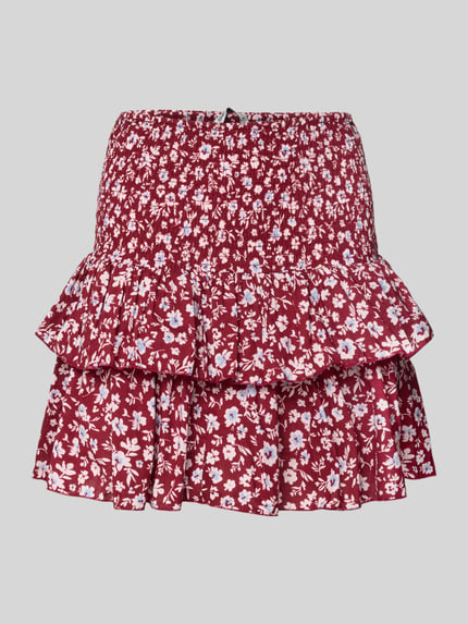 Produktfoto, Ausgestellter Mini-Rock mit Volants Modell 'ZOEY' van Only, all-over bloemenmotief, uitlopend, regular fit, minilengte, gesmokte boord, volantdetails, puur katoen, rood en wit met florale print