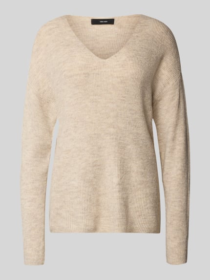 VERO MODA Regular Fit Strickpullover mit V-Ausschnitt Modell 'CREWLEFILE' Sand Melange 2
