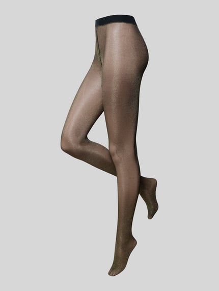 Vrouwenmodel draagt Schimmernde Strumpfhose mit elastischem Bund van FALKE, semitransparant, nauwsluitend, glanzend, elastische tailleband, volledige lichaamsaanzicht van voren.