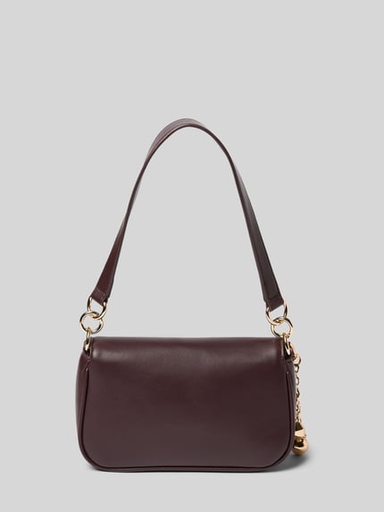 Produktfoto, Handtasche mit Klickverschluss Modell 'ADIVA' von Liu Jo White in dunklem Braun, goldfarbene Details, Label-Applikation sichtbar, rechteckige Form, glatte Textur, Schulterriemen und Tragehenkel, Maße laut Kontext