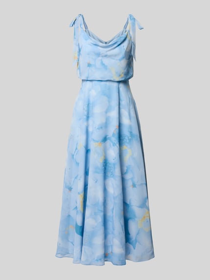 Produktfoto, Knielanges Cocktailkleid mit floralem Allover-Print von Jake*s Cocktail in Hellblau mit Zierschleifen und taillierter Passform, blickdichtem Unterrock, ärmelloses Design, Rückenlänge 102 cm, Brustweite 40 cm, zarter floraler Allover-Print, glatte leichte Textur.