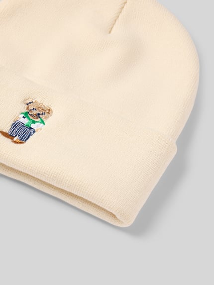 Productfoto, beige Mütze in Strick-optiek Modell 'BEAR' van CHILL PILL met motiefstiksel en brede omslag, heren accessoire