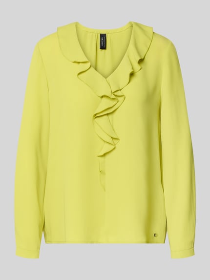 Produktfoto, Relaxed Fit Bluse mit Rüschenbesatz von Marc Cain, żółta, gładka faktura, dekolt w serek, obszycie falbanami, z długim rękawem, długość tyłu w rozmiarze 36: 58 cm, długość rękawów w rozmiarze 36: 61 cm