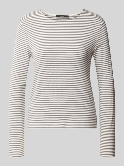 Produktfoto, bluzka z długim rękawem z mieszanki wiskozy, krój slim fit, model 'Kamaja' od someday., okrągły dekolt, długość tyłu w rozmiarze 36: 57 cm, cienkie poziome paski szare i białe, faktura gładka