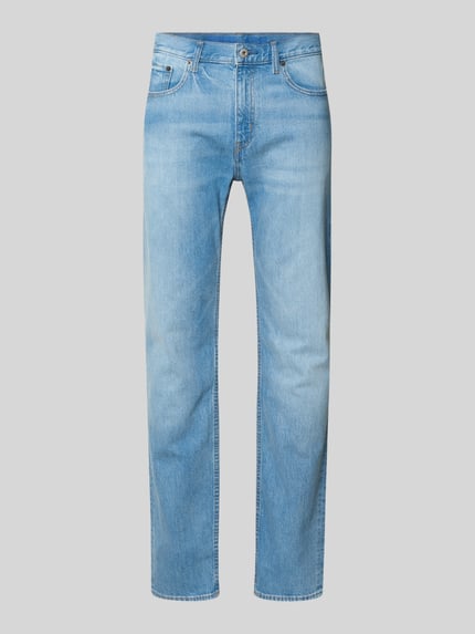 Produktfoto, Straight Fit Jeans aus Baumwolle von HUGO Blue, jednolity kolor, krój straight fit, detal z logo, średni stan, 5 kieszeni