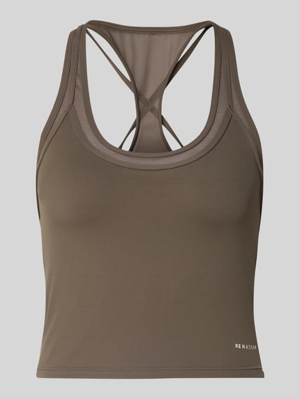 Produktfoto, Double Layer Tanktop mit Logo von P.E Nation in Braun, Cropped, Material-Mix mit Stretch-Anteil, dezentes Logo, glatte Textur