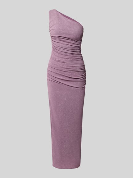 Produktfoto, Midikleid mit Seitenschlitz van TROYDEN COLLECTION in lila met glinster, nauw aansluitend model, drapering, one-shoulder look, zijsplit, ruglengte maat 36: 119 cm, borstwijdte maat 36: 24 cm