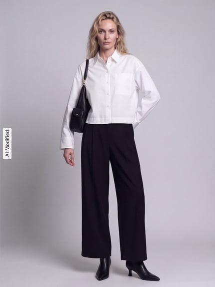 Frauenmodel trägt Boxy Fit Langarmbluse aus reiner Baumwolle Modell 'DANNIE' von Selected, weiße Bluse, schwarze Hose, Glattledertasche, schwarze Schuhe, dezente Farben, klar geschnittene Formen, glatte Texturen, Ganzkörperansicht von vorne, KI-modifiziertes Bild.