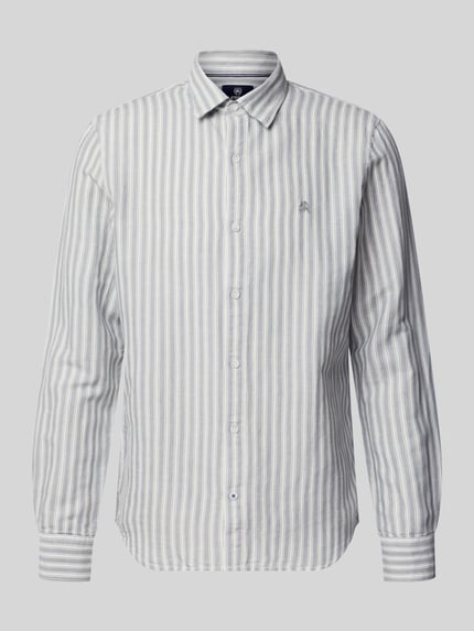 Produktfoto, Regular Fit Freizeithemd aus Leinen-Mix mit Kentkragen von Lerros, Streifenmuster in Grau und Weiß, Baumwoll-Leinen-Mix, Knopfleiste, Logo-Stitching, Sportmanschetten, Rückenlänge 75 cm, Schulterbreite 40 cm, Ärmellänge 68 cm bei Größe M.