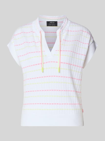 Produktfoto, Regular Fit Oberteil aus lyocellmix in tricotlook von Marc Cain, met katoen en lyocell, V-hals, kapmouwen, elastische tunnelkoord, ruglengte maat 36: 59 cm, dames, wit met roze en gele strepen, zachte structuur