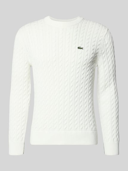Produktfoto, Regular Fit Gebreide pullover uit katoenmix van Lacoste, look: effen, kabelpatroon, logopatch, ronde hals, lange mouw, rompzoom geribd