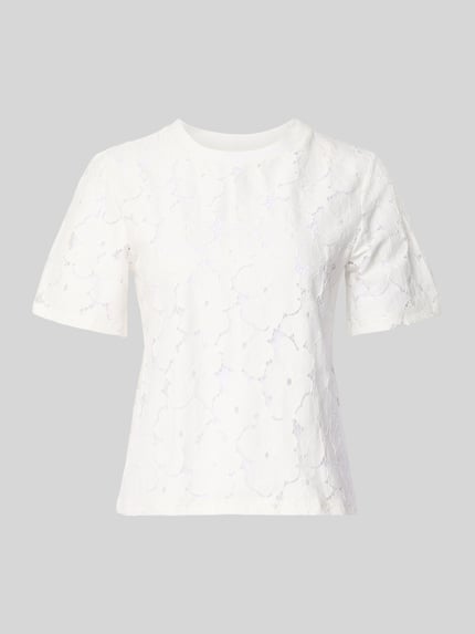 Produktfoto, Regular Fit T-shirt uit kant model 'SALLIE' van Vero Moda, look: effen, ronde hals, korte mouw, katoenmix, witte kleur, structuur met bloemmotief