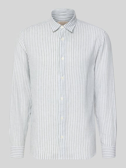 Produktfoto, Regular Fit Freizeithemd aus Leinen-Baumwoll-Mix Modell 'CAIDEN' von Only & Sons, Optik: Allover-Muster, Kentkragen, durchgehend, Label-Patch, Flammgarn, weiße und graue feine Streifen, glatte Textur, Langarm