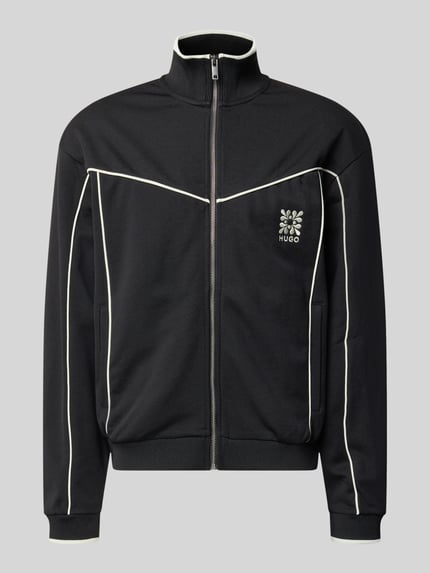 Produktfoto, Relaxed Fit Sweatjacke aus Baumwoll-Mix Modell 'DARYNT' von HUGO in Schwarz mit weißen Kontraststreifen, Reißverschluss, Logo Stitching auf Brust, gerippte Abschlüsse, seitliche Eingrifftaschen, mehrfarbig, strukturierte Oberfläche