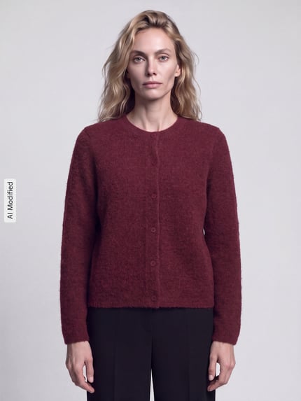 Frauenmodel trägt Relaxed Fit Strickjacke aus Woll-Mix Modell 'LULU' von Selected, dunkelrot, Damen Strickjacke, Ganzkörperansicht von vorne, KI-modifiziertes Bild.