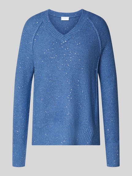 Produktfoto, Regular Fit Pullover mit V-Ausschnitt von JAKE*S WOMAN COLLECTION in blauer Melange-Strickoptik, Feinstrick, gerippte Abschlüsse