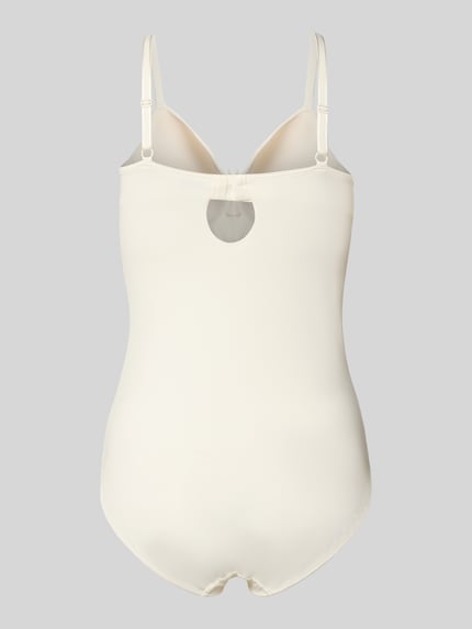Frauenmodel trägt Body mit Hakenverschluss von LASCANA, Material-Mix mit Stretch-Anteil, Körpernaher-Schnitt, Schleifen-Detail, Verstellbare-Träger. Ganzkörperansicht Rückansicht.