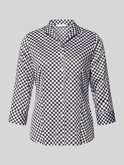 Produktfoto, Bluse mit Hemdblusenkragen und Knopfleiste von ETERNA, bluzka z bawełny, krój straight fit, kołnierzyk koszulowy, listwa guzikowa, lekko zaokrąglony dół, długość tyłu w rozmiarze 36: 65 cm, długość rękawów w rozmiarze 36: 48 cm, czarno-białe wzory w kropki, gładka faktura