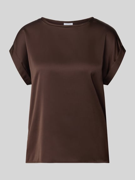 Produktfoto, Damen T-Shirt aus Satin Modell 'ELLETTE' von Vila in Braun mit Rundhalsausschnitt, Relaxed-Fit, kurzen Ärmeln mit Aufschlag, Rückenlänge bei Größe 36: 60 cm.