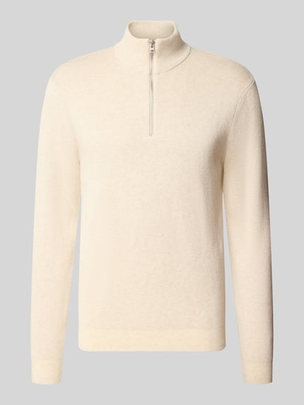 Produktfoto, Regular Fit Troyer aus reiner Baumwolle Modell 'TING' von ONLY & SONS, jednolity kremowy kolor, długi rękaw, kołnierz typu troyer, mankiety i dół prążkowane, zamek błyskawiczny, materiał czysta bawełna.