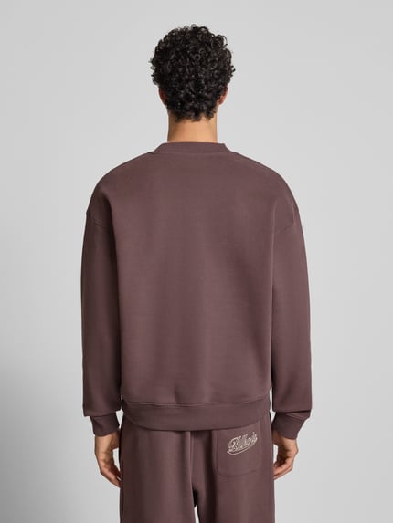 Männermodel trägt Regular Fit Sweatshirt mit Logo-Print Modell 'Source' von BLKVIS aus reine Baumwolle in Braun, Rückenansicht Ganzkörperansicht.