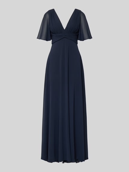 Produktfoto, Regular Fit Abendkleid mit V-Ausschnitt von Jake*s Cocktail, szyfon, kolor granatowy, dekolt w serek, plisy, rękaw o dł. 1/2, halka pod spódnicę, wszyty zamek błyskawiczny, długość tyłu w rozmiarze 36: 126 cm, szerokość w rozmiarze 36: 40 cm, długość rękawów w rozmiarze 36: 29 cm, matowa tekstura