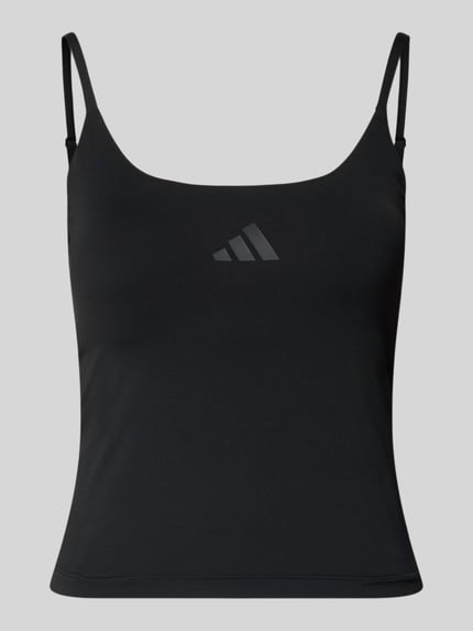 Produktfoto, Tanktop mit Label-Print von adidas Sportswear in Schwarz, Slim-Fit, Material-Mix mit Stretch-Anteil, Rückenlänge 27 cm bei Größe S