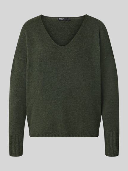 Produktfoto, Relaxed Fit Pullover mit V-Ausschnitt von ONLY in dunklem Grün, weiche Stricktextur, Damen Pullover von ONLY