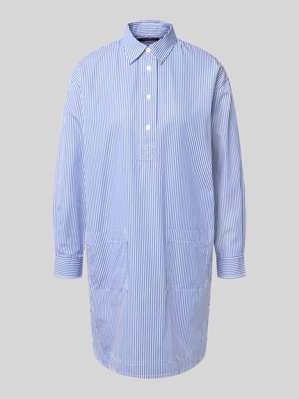 Produktfoto, Oversized Hemdblusenkleid aus reiner Baumwolle von Lauren Ralph Lauren mit Optik:Allover-Muster, Muster: gestreift, Passform: Oversized, Mini-Länge, hochgeschlossenem Ausschnitt, Rückenpasse, Knopfleiste, Ärmelform: Langarm, Manschette, aufgesetzte Eingrifftaschen, Materialverarbeitung: Twillgewebe, reine Baumwolle, Farbkombination aus Weiß und Blau, klare Linien, glatte Textur.