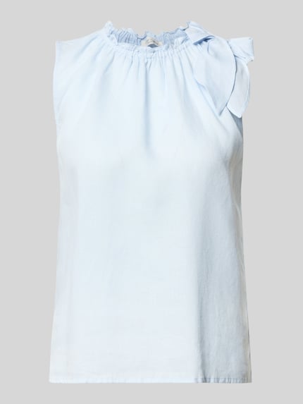 Produktfoto, Regular Fit Bluse aus Viskose-Mix mit Leinen-Anteil von Christian Berg Woman, hellblau, mit Zierschleife, Stehkragen, Rüschenbesatz, Ärmelloses-Design, Rückenlänge 54 cm bei Größe 36