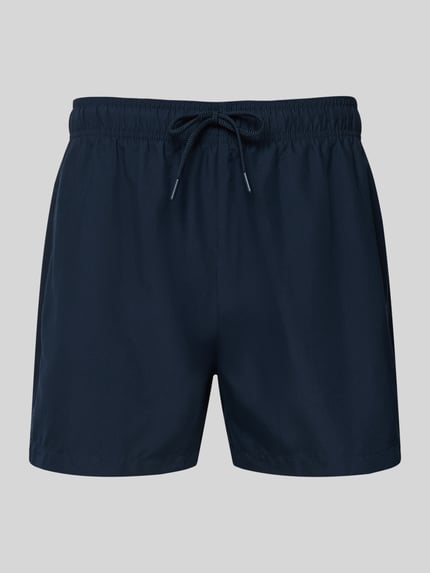 Produktfoto, Relaxed Fit Badeshorts mit Logo-Stitching von Emporio Armani in Dunkelblau, elastischer Bund mit Tunnelzug, glatte Textur