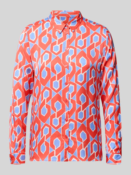 Produktfoto, Slim Fit Hemdbluse aus reiner Viskose von Milano Italy in rot-orangen Tönen mit geometrischem Muster, durchgehende Knopfleiste