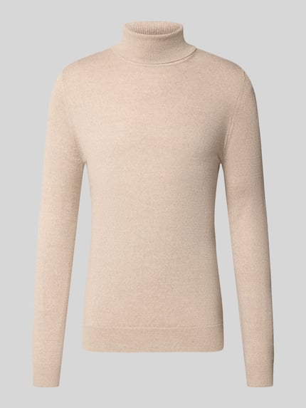 Produktfoto, Wollpullover mit Rollkragen von Christian Berg Men aus Woll-Mix, gerader Schnitt, beige, gerippte Abschlüsse, neutrale Struktur