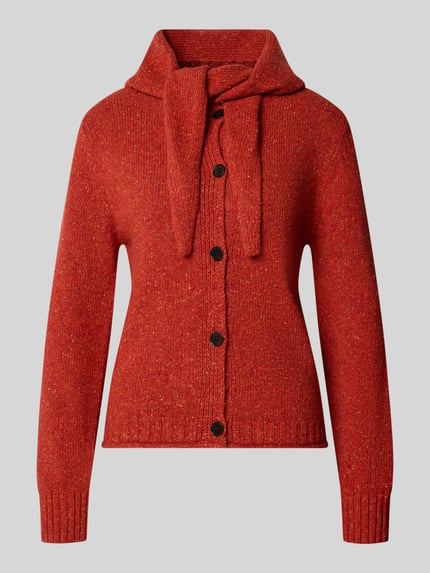 Produktfoto, Regular Fit Strickjacke aus Woll-Mix mit Seiden-Anteil von Stefanel in Rot, strukturierte Oberfläche, applizierter Schal, lange Ärmel, gerippte Abschlüsse, durchgängige Knopfleiste, Damen Strickjacke
