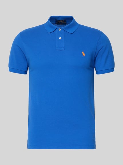 Produktfoto, Slim Fit Poloshirt aus reiner Baumwolle von Polo Ralph Lauren in Unifarbe Blau mit Logo-Stitching, Polokragen, kurzarm, Piqué-Struktur