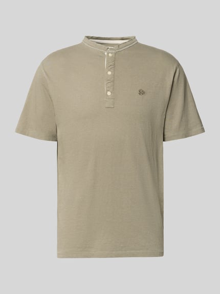 Produktfoto, T-Shirt mit kurzer Knopfleiste von Superdry in Beige, Herren T-Shirt aus Leinen-Baumwoll-Mix, Regular-Fit, Polokragen, Logo-Stitching