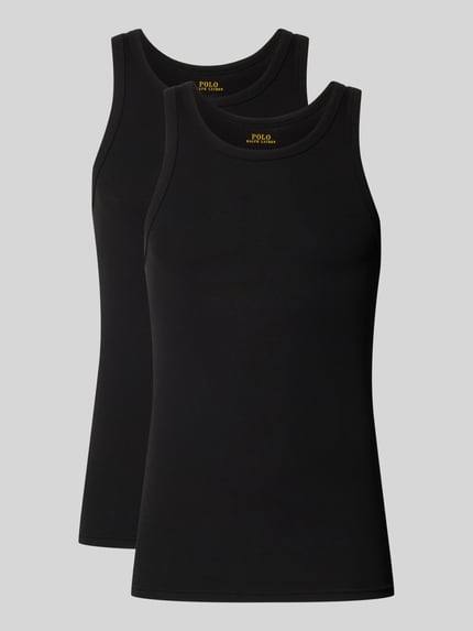 Produktfoto, zwei schwarze Slim Fit Unterhemden aus reiner Baumwolle von Polo Ralph Lauren Underwear auf neutralgrauem Hintergrund.