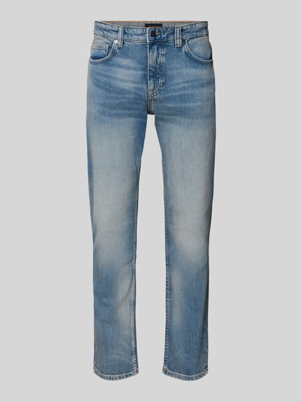 Produktfoto, Slim Fit Jeans aus Baumwoll-Mix Modell 'DELAWARE BO' von BOSS Orange w stylu denim, jasnoniebieska, klasyczne 5 kieszeni, widoczne przeszycia, tekstura bawełny