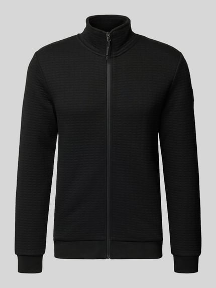 Produktfoto, Loose Fit Sweatjacke aus Baumwoll-Mix von Tom Tailor Denim, Optik: Unifarben, Reißverschluss, Label Patch, Stehkragen, Langarm, gerippte Abschlüsse, seitliche Eingrifftaschen, Sweat Crinkle, Materialverarbeitung: Baumwoll-Mix