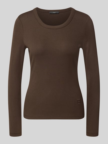 Produktfoto, Regular Fit Langarmshirt aus Baumwoll-Mix von Oui, braun, gerippte Textur, Rundhalsausschnitt, Label-Stickerei, Damen, elastischer Modal-Anteil, Rückenlänge Gr. 36: 56 cm