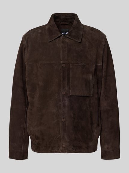 Produktfoto, Regular Fit Lederjacke aus echtem Ziegenleder Modell 'C-MOLOT' von BOSS in brauner Nubuk-Lederoptik mit Umlegekragen und Druckknopfleiste