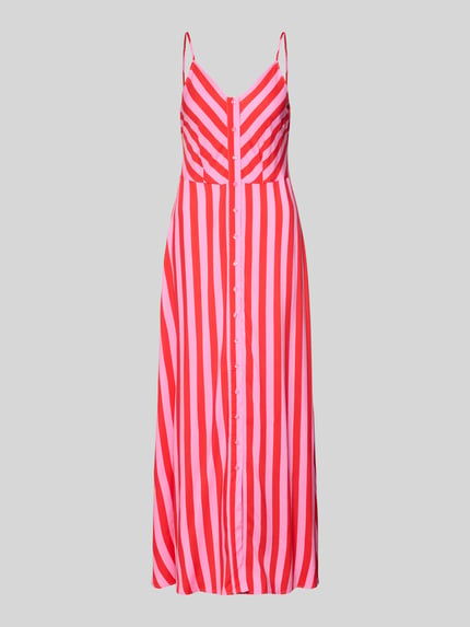 Produktfoto, Maxikleid aus Viskose mit Knopfleiste Modell 'SAVANNA' von YAS, rot-rosa Streifen, gerader Schnitt, V-Ausschnitt, Spaghettiträger
