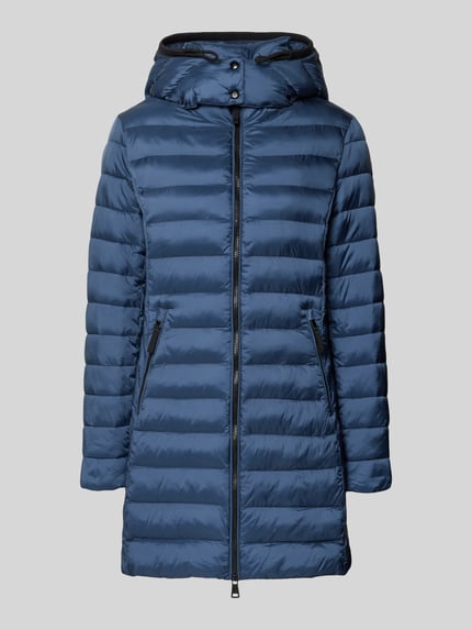 Produktfoto, Steppjacke mit Zweiwege-Reißverschluss von FUCHS SCHMITT in Blau, glatte Oberfläche, Kapuze, schmaler Schnitt, Reißverschlusstaschen, Damen Steppjacke, Rückenlänge 83 cm, Schulterbreite 42 cm, Brustweite 51 cm, Ärmellänge 64 cm