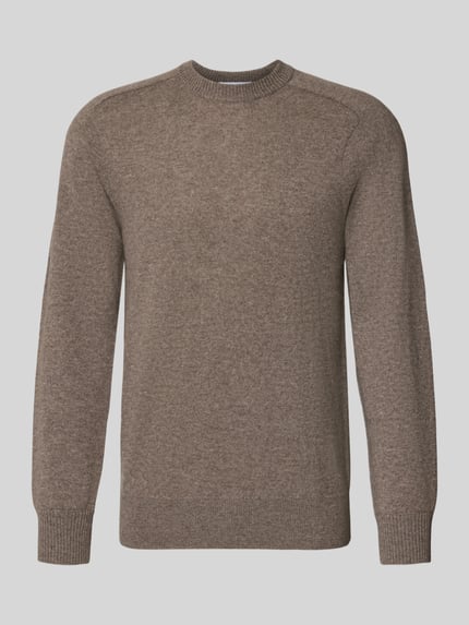 Produktfoto, Regular Fit Strickpullover aus reinem Kaschmir von FTC Cashmere in Braun, Stehkragen, gerippte Abschlüsse, glatte Textur