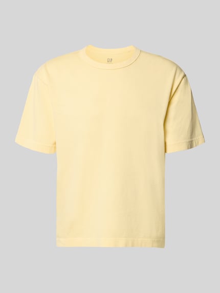 Produktfoto, Cropped T-Shirt mit Rundhalsausschnitt von GAP in Hellgelb, reine Baumwolle, gerade Form, glatte Textur, Rückenlänge 63 cm